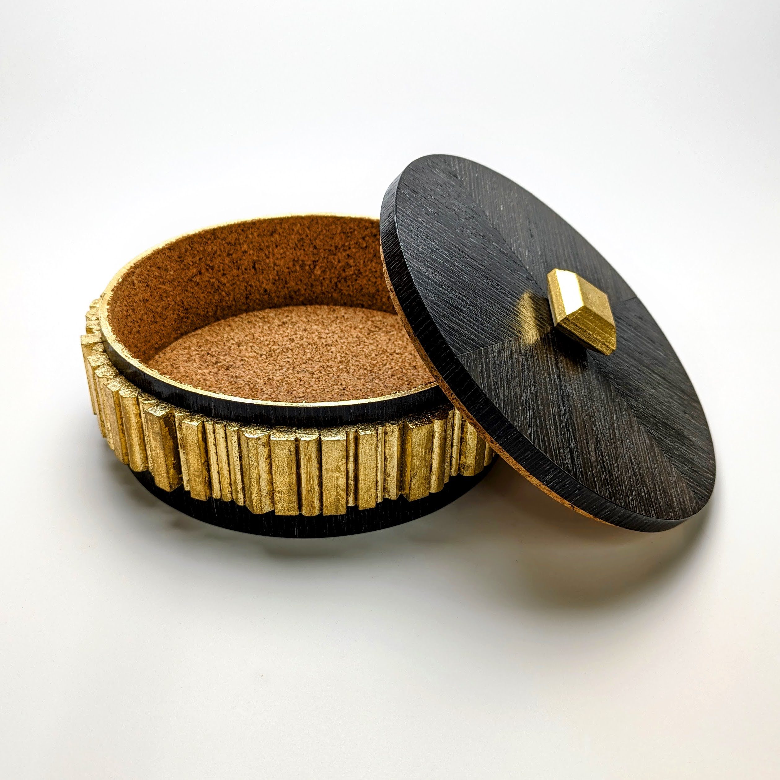 Sculptural Box, Gold Leaf Valet, Fluted Design, Architectural Decor, Handmade Vessel, Artisan Woodwork, Luxury Gift, Geometric Art, Cork Lined, Dark Wood Grain, Desk Accessory, Modern Marquetry, Gilded Noir