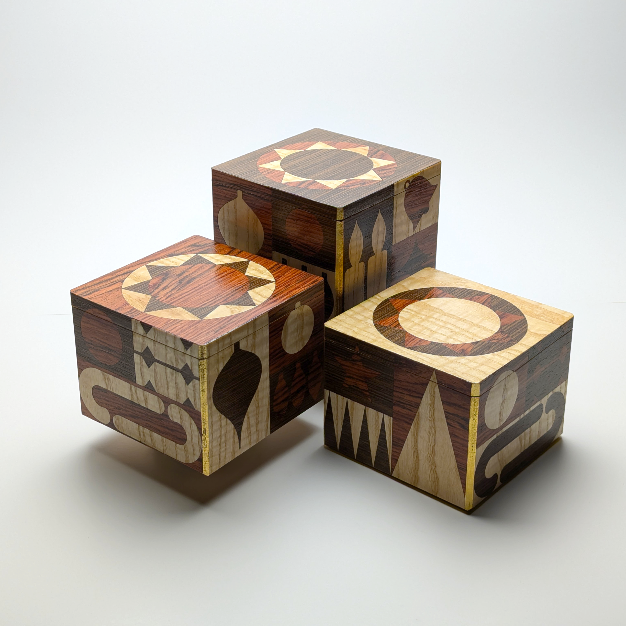 Christmas marquetry box, handmade holiday decor, artisan wood gift box, heirloom Christmas ornament, Mid-century modern holiday, wood inlay ornament box, gold leaf woodworking, winter star keepsake. Luxury stocking stuffer, unique Christmas gift, holiday hostess gift