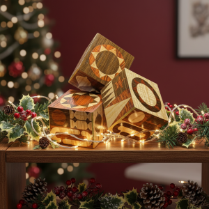 Christmas marquetry box, handmade holiday decor, artisan wood gift box, heirloom Christmas ornament, Mid-century modern holiday, wood inlay ornament box, gold leaf woodworking, winter star keepsake. Luxury stocking stuffer, unique Christmas gift, holiday hostess gift