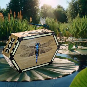 Hexagonal Box, Elongated Hexagon, Iridescent Inlay, Dragonfly Art, Beetle Box, Marquetry, Parquetry, Handmade Wood, Luxury Keepsake, Cork Lined