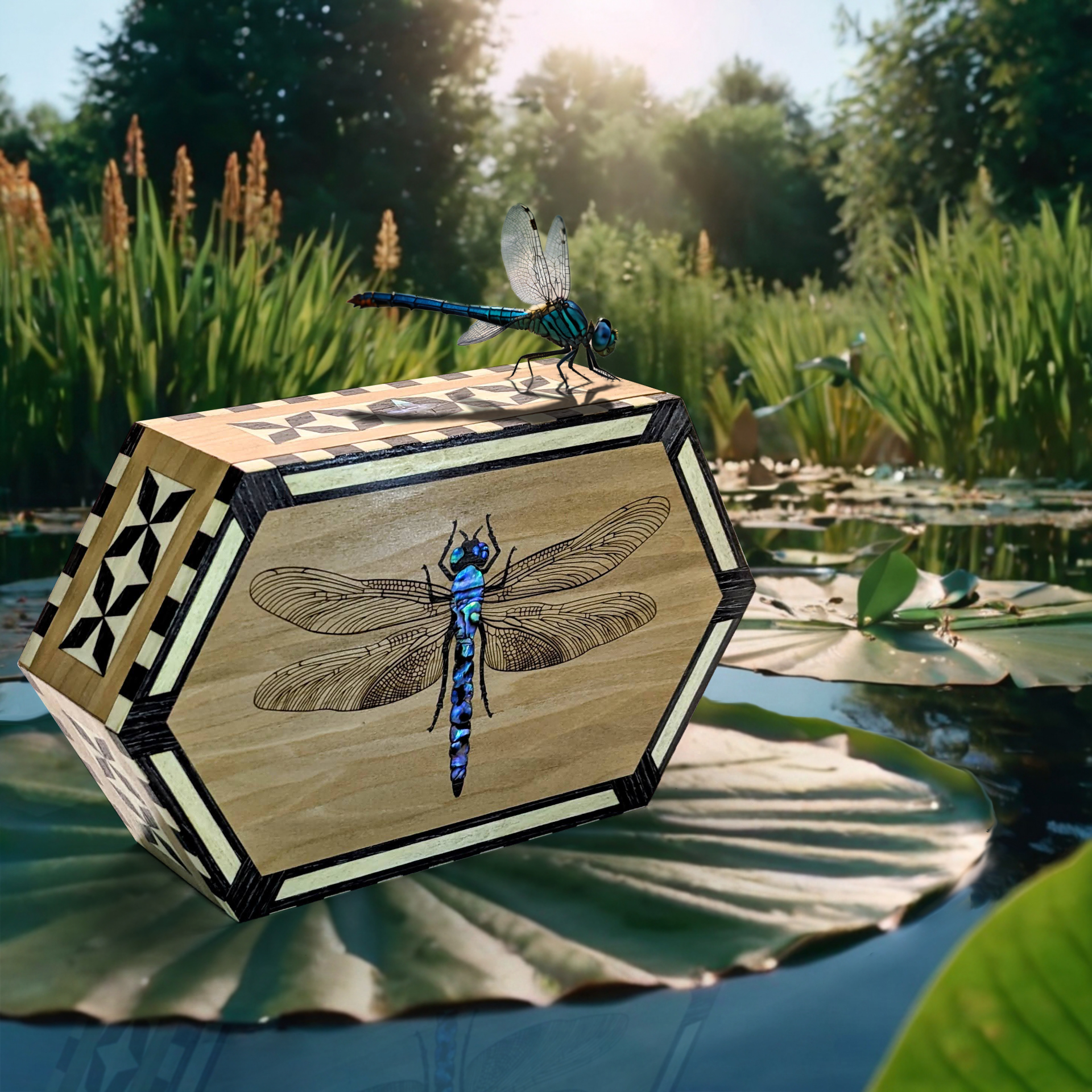 Hexagonal Box, Elongated Hexagon, Iridescent Inlay, Dragonfly Art, Beetle Box, Marquetry, Parquetry, Handmade Wood, Luxury Keepsake, Cork Lined