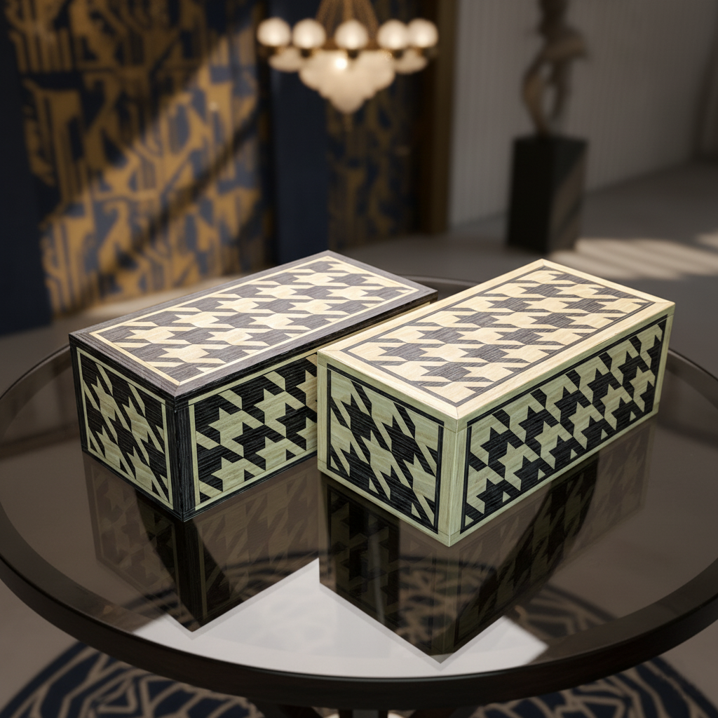 Handmade, Marquetry, Wood Inlay, Houndstooth, Keepsake Box, Jewellery Box, Luxury Gift, Home Decor, Geometric Art, Artisan Woodworking, Bespoke Box