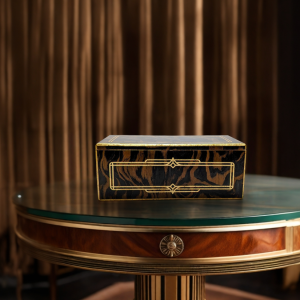 Art Deco Valet, Gold Leaf Wood, Handmade Keepsake, Luxury Desk Decor, Dark Wood Grain, Gilded Box, Artisan Woodwork, Vintage Style, Pen Storage, Watch Box, Geometric Inlay, Fine Craft, Ebony burl