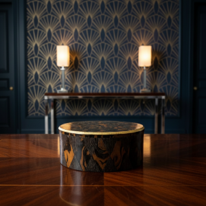Round Jewellery Box, Handmade Marquetry, Gold Leaf Decor, Art Deco Style, Geometric Wood Art, Luxury Keepsake, Artisan Made, Circular Box, Diamond Inlay, Dark Wood Grain, Gilded Noir, Dresser Accessories