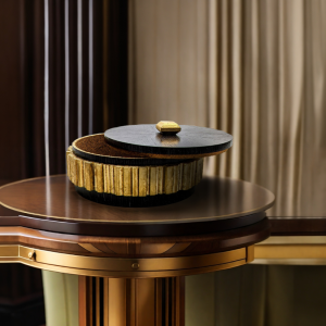 Sculptural Box, Gold Leaf Valet, Fluted Design, Architectural Decor, Handmade Vessel, Artisan Woodwork, Luxury Gift, Geometric Art, Cork Lined, Dark Wood Grain, Desk Accessory, Modern Marquetry, Gilded Noir