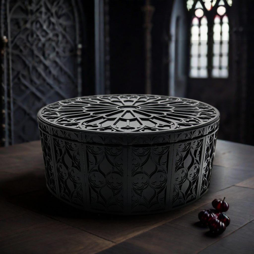 Gothic Decor, Marquetry, Handmade Box, Jewellery Storage, Architectural Art, Dark Academia, Rose Window, Artisan Gift, Black Decor, Stone Finish