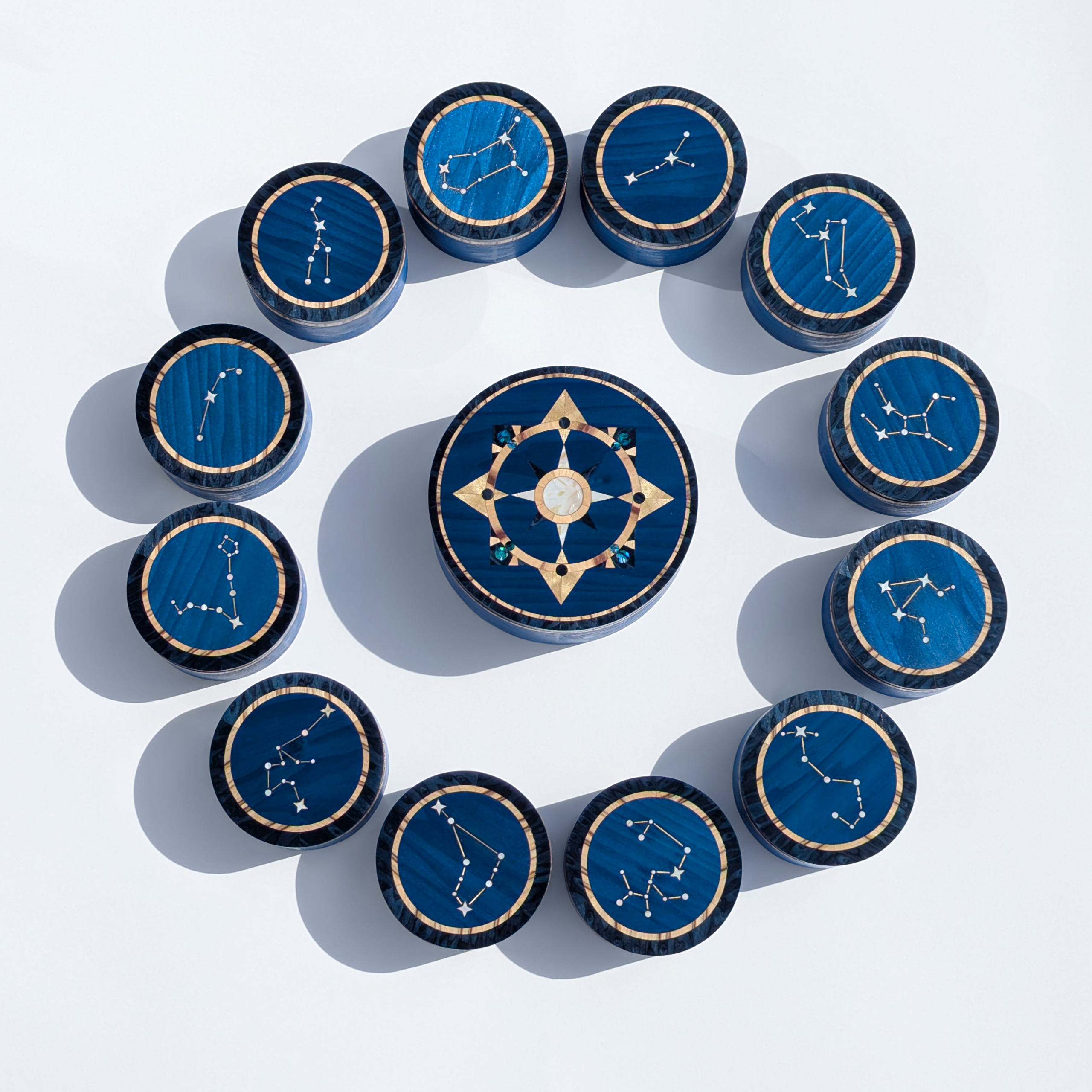Compass Rose, Celestial, Handmade, Marquetry Box, Nautical Decor, Wood Inlay, Jewelry Box, Traveler Gift, Artisan Craft, Blue Wood, Starburst, Heirloom Quality, Zodiac,